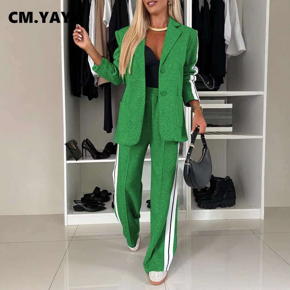 Cm.Yaya Elegant Women Pants Suit And Long Sleeve Blazer Matching OL Streetwear Two 2 Piece Set 2024 Winter Ribbon Outfits Designer