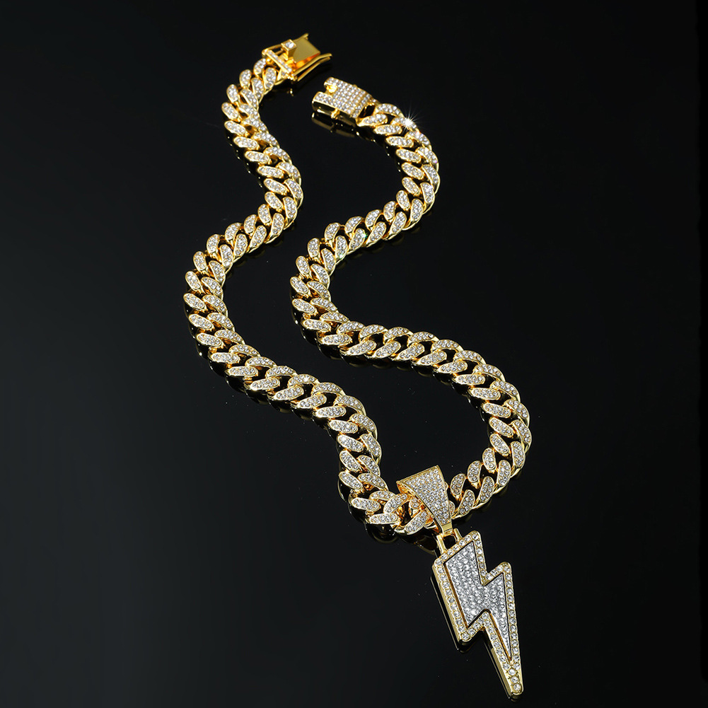Bold Hip hop Alloy Necklace with Lightning Rhinestone Pendant Unisex Cuban Link Chain Jewelry for Men & Women Trendy Street wear Accessories