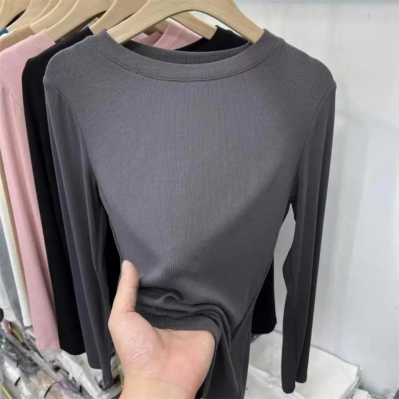 Autumn Office Lady Basic O-Neck Slim T-Shirt Women Solid Multi Color All-Match Trend Casual Top Screw Thread Long Sleeve Elastic 250517