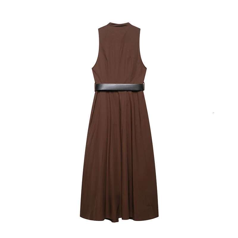 Willshela Women Fashion With Belt Brown Pleated Single Breasted Midi Dress Vintage V-Neck Sleeveless Female Chic Lady Dresses