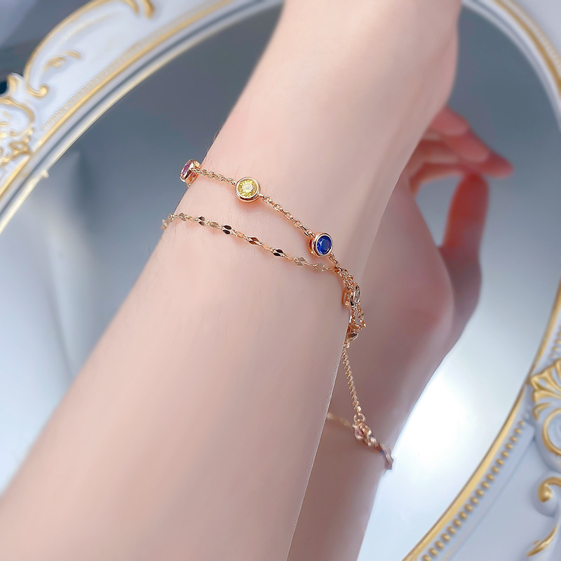 New S925 Sterling Silver Double Layer Rainbow Cubic Zirconia Adjustable Bubble Bracelet, Trendy Multi-Color Zircon Bracelet for Women