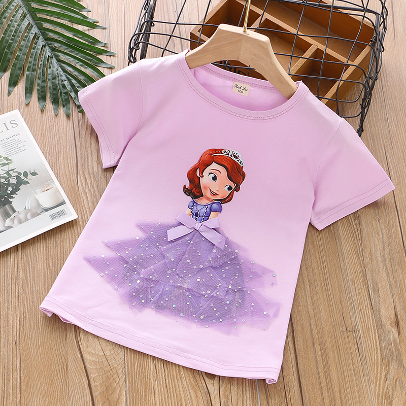 DISNEY girls designer clothes toddler designer clothes Frozen Princess Elsa Girls' short-sleeved tops are comfortable and soft Girls T-shirt summ