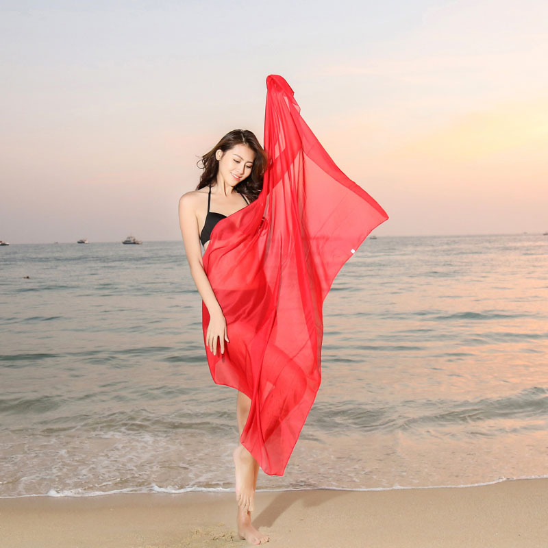 K761 Summer imitation silk long solid color sunscreen scarf ladies solid color fashion travel ice silk beach scarf
