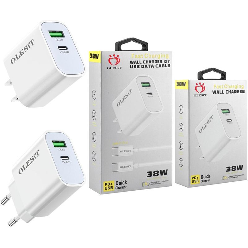 Olesit QC3.0 PD 38W USB C Fast Charger With 1M 3FT Cable 2 Ports Wall Charger Quick Charge Type C Phone Charging Cable Power Adapter For iPhone 16 15 14 Samsung S25 S24 S23