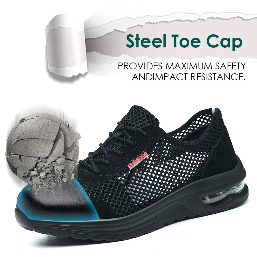 Mens Summer Steel Toe Safety Shoes Anti-Crush And Piercing Breathable Lightweight Outdoor Pure Black Shoes 250519