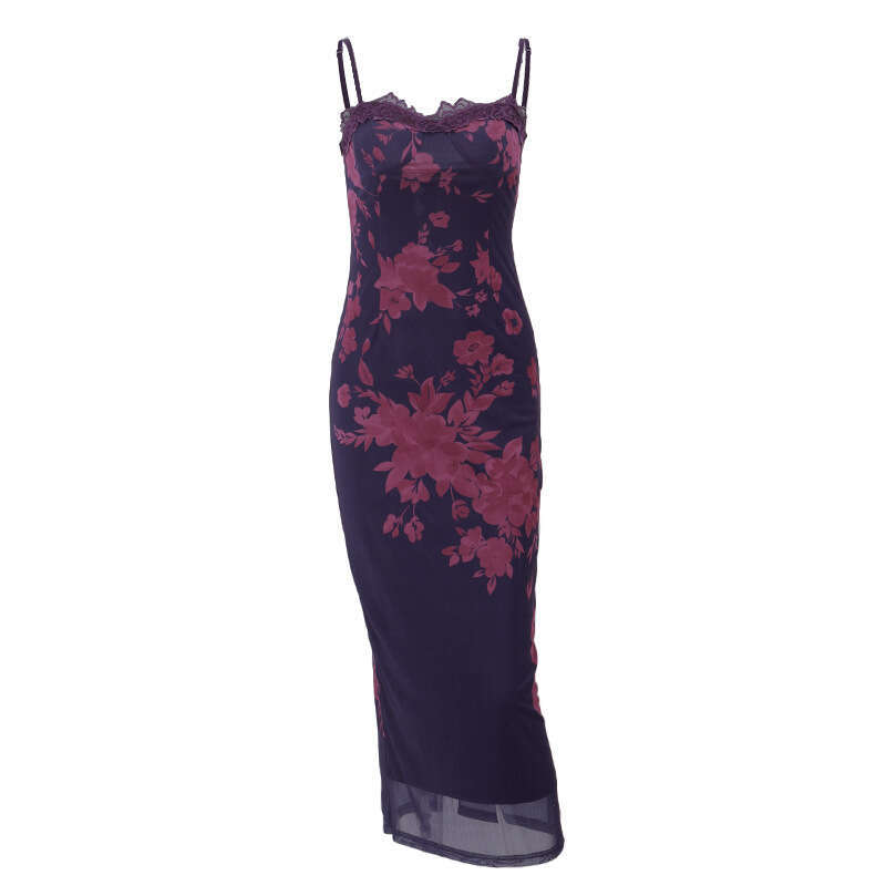 Sheath Dress Spring New Line INS Style Sexy Open Back Lace Edge Printed Split Dress Summer Dress
