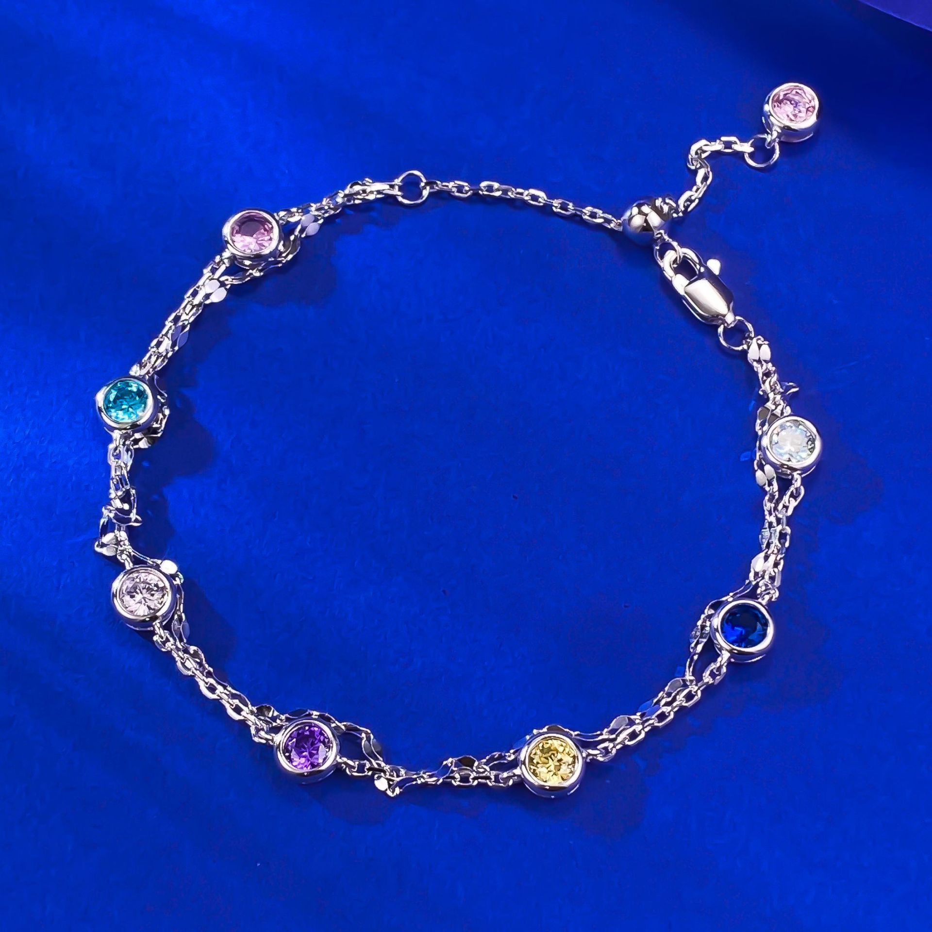 New S925 Sterling Silver Double Layer Rainbow Zircon Adjustable Bubble Bracelet Fashion Jewelry