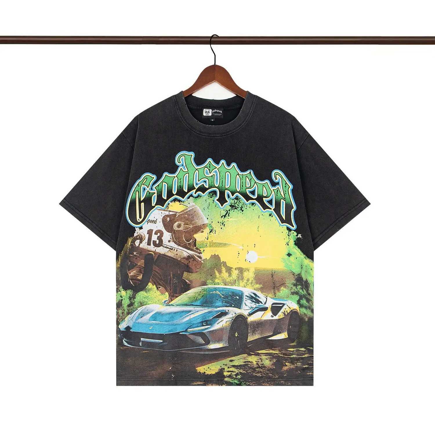 Godspeed Summer American Trendy Brand Retro Printing Wash Pure Cotton Short-sleeved T-shirt Ins Loose Version for Men and Women J250515