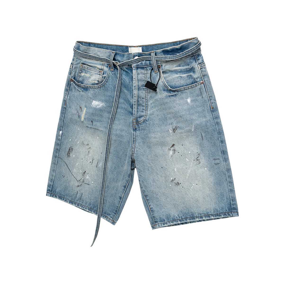 Streetwear New Summer Ink Splashed Hand-painted Denim Shorts Mens Straight Blue Washed Baggy Knee Length Jeans Pants Oversized J250515ZQIW