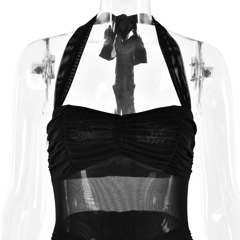 Women Beach Wear Mesh Paneling Sheer Ruffled Pure Desire Temperament Lace Up Low Collar Chest Revealing Same Style as the Blogger