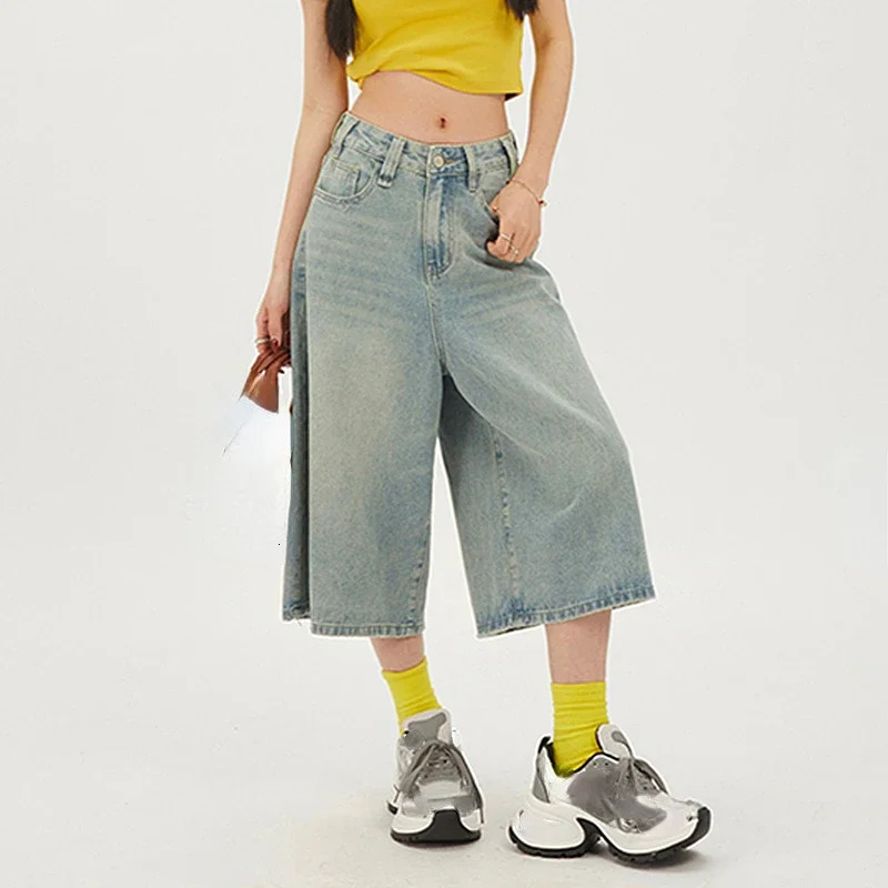 2025 Y2k Retro Women Low Rise Jorts Brushed Black Wash Cropped Baggy Jeans Wide Leg Frayed Denim Short Pants Acubi Fashion 250517