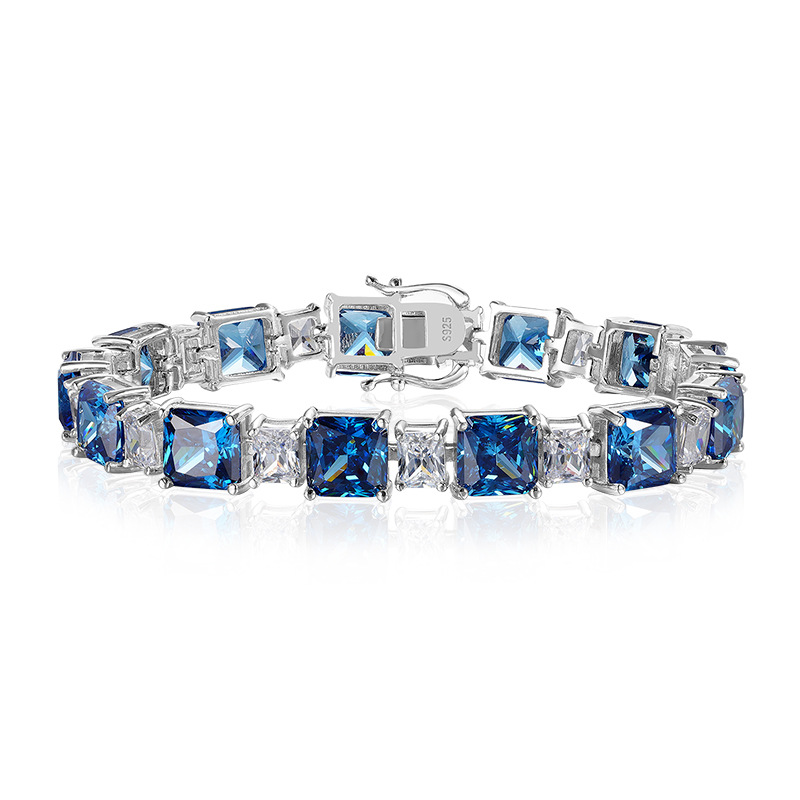 New 925 Sterling Silver Fashion Blue Simulated Diamond Bracelet for Women Elegant Ice Flower Design Luxury Gift Choice