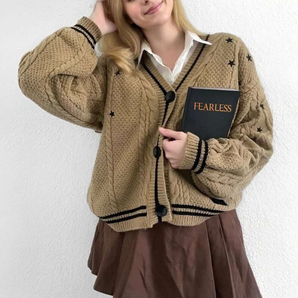 Oversized Warm Y2k Knitted Fearless Khaki 2025 Autumn Sweaters For Women Trend Loose Fit V-Neck Cardigan Mujer
