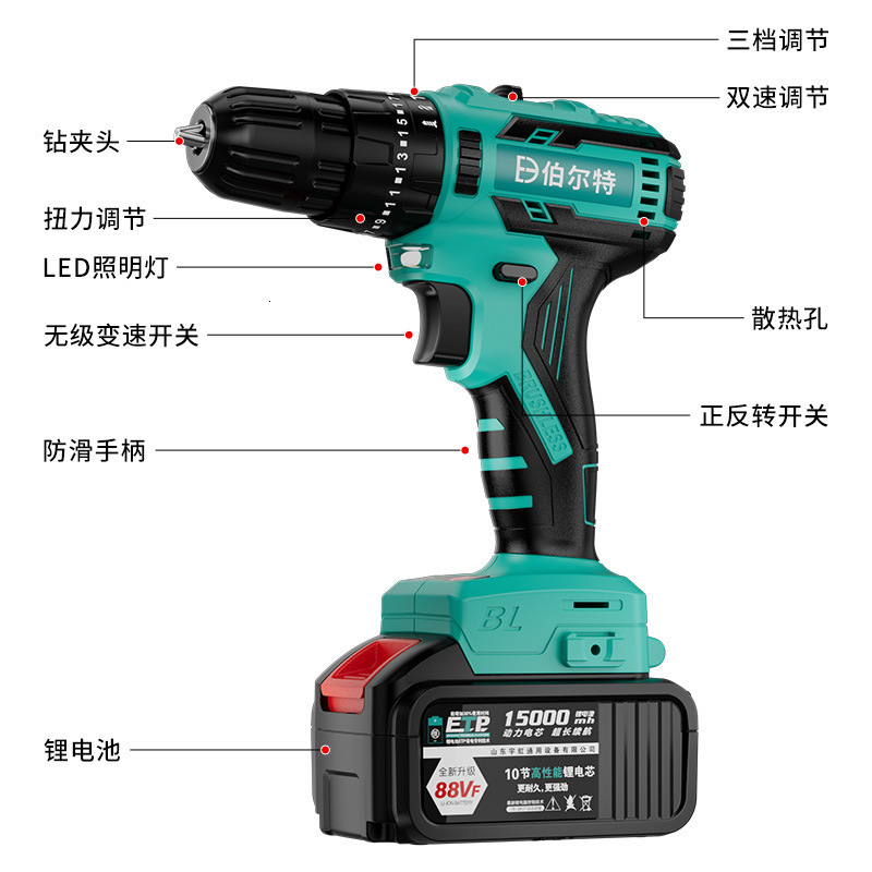 BeCordless Diamond Brushless Power Pack 2 Batteries/Chargers 3/8 Chuck Driver 22 Torque LED Light Accessories Compact Ergonomic DIY 241030