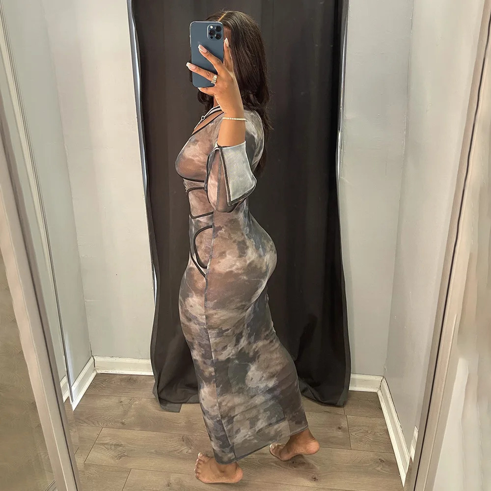 Sexy Hollow out Print See Through Maxi Dress Women Long Sleeve Slim Fit Party Vestido Summer Night Club Clothes 250517