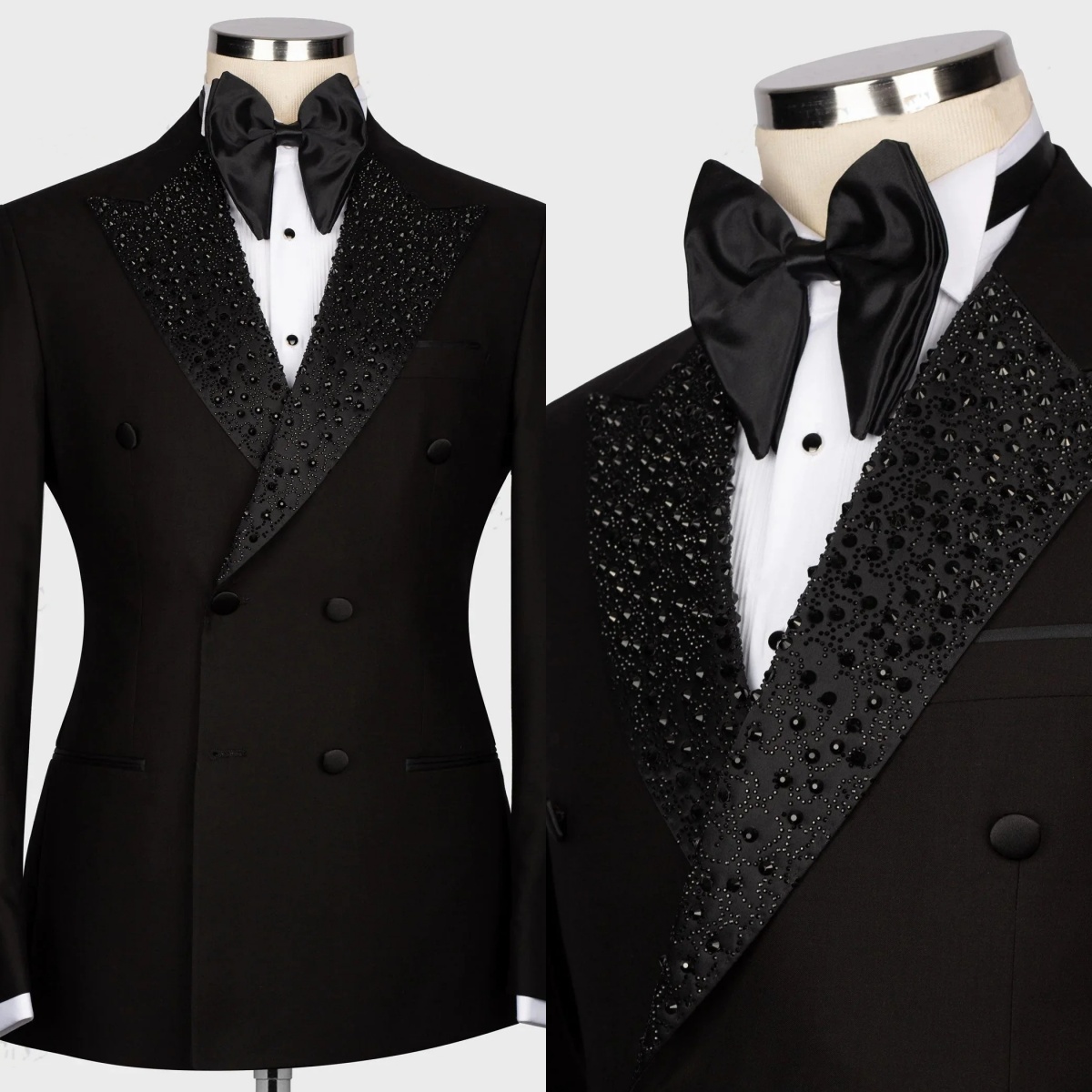 Elegant Men Wedding Suits Peaked Lapel Beaded Tailor-Made 2 Pieces Set Jacket Rhinestone Double Breasted Blazer Customized Evening Party Party Coat Pa