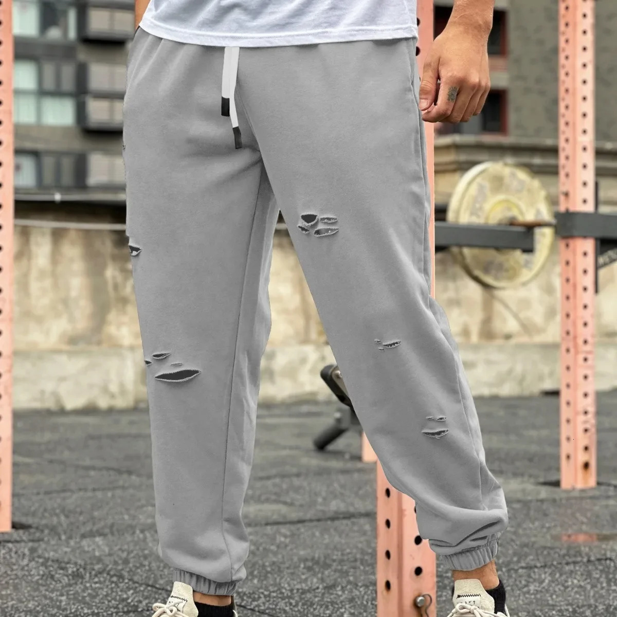 Mens Streetwear Casual Trend Cuffed Pants Jogging Drawstring Sweatpant Ripped Trousers Gym Fitness Sports Bottom Male Costume 250513Z