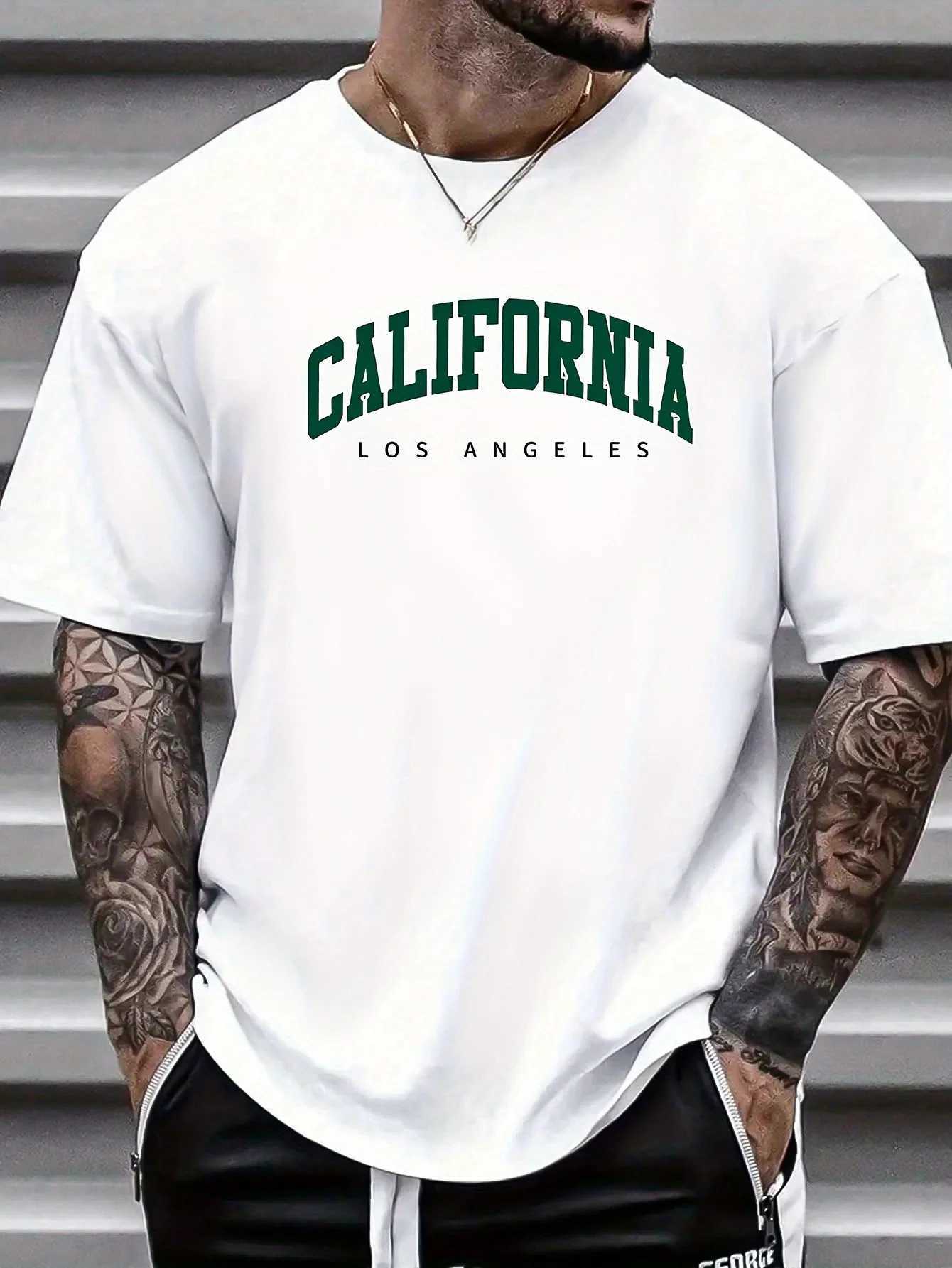 Summer Mens 100% Cotton Casual Sports Loose Large california letter Printed Comfortable Round Neck Short Sleeve T-shirt Top J250515UJCI