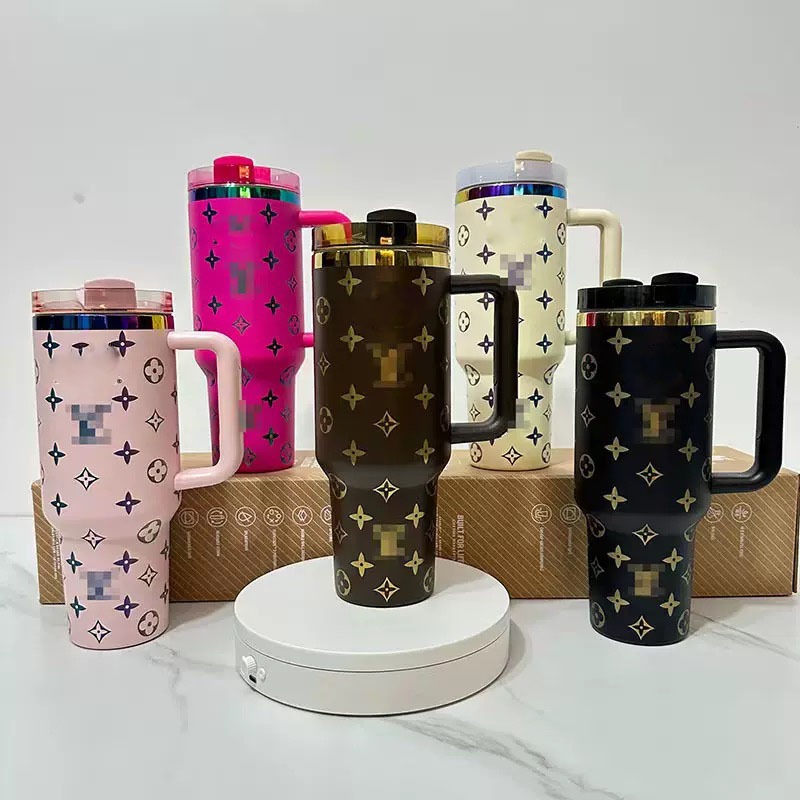 US STOCK Floral 40oz Mugs Ruby Sweet Hearts Blue Magnolia Tumblers Car Cups Stainless Steel Coffee Blue Cosmo Pink Red Water Bottle Valentine's Day Gifts