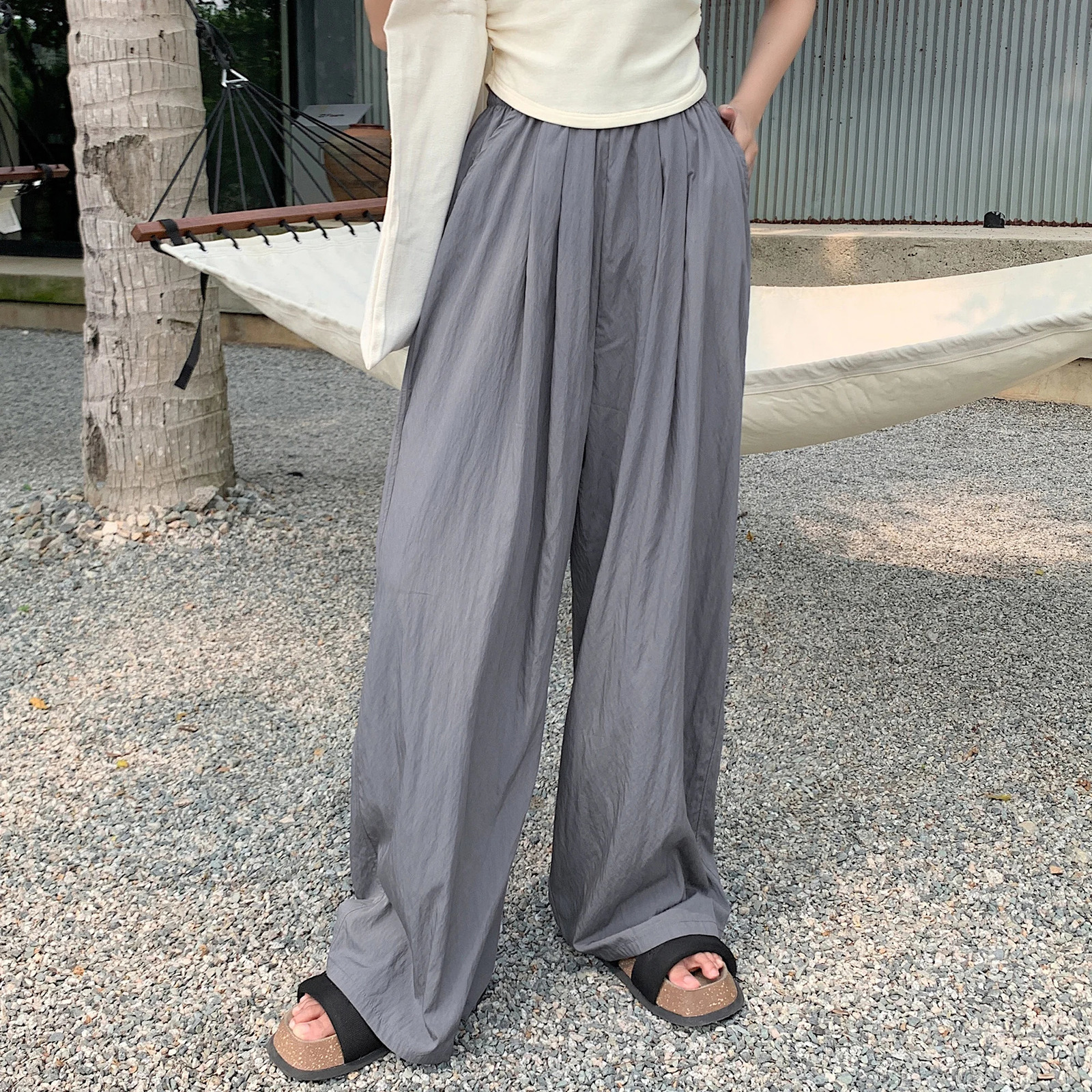 Seoulish Ice Silk Pleated Womens Trousers Summer High Waist Draping Casual Loose Full Length Wide Leg Pants Female 250517