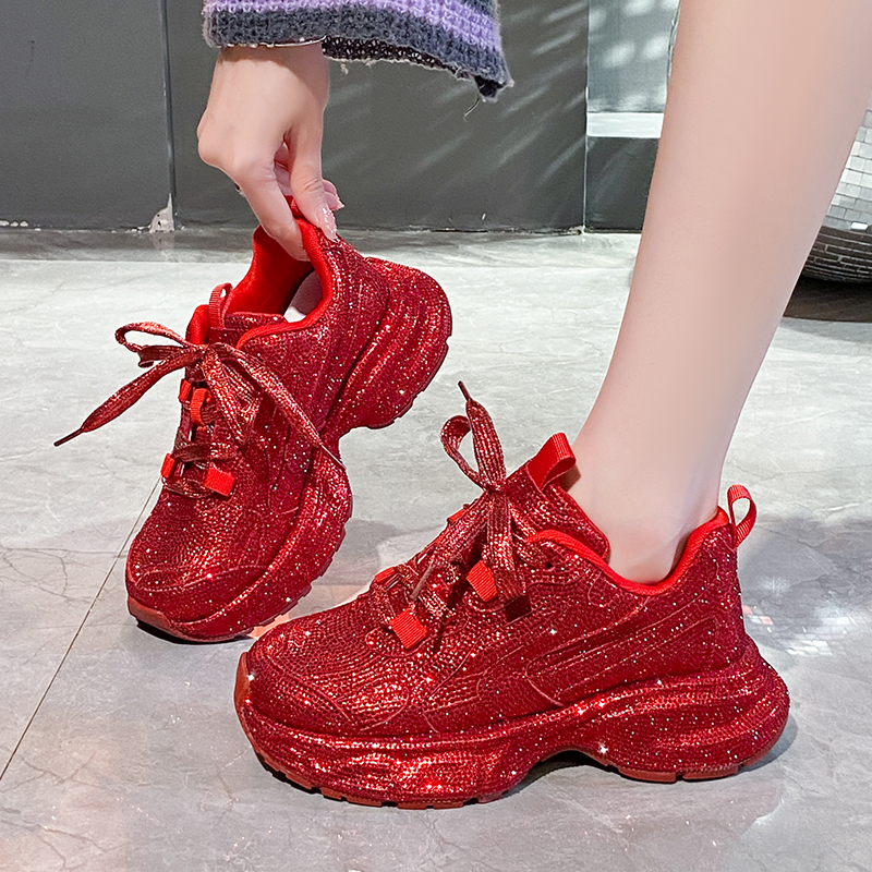 Women Luxury Sneakers Spring Lace-Up High Heel Rhinestone Casual Working Shoes Wearing Night Running Shoes Outside Breathable Height Increased Designe