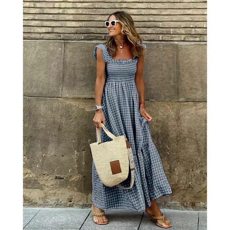 Gingham Maxi Dress for Women Sleeveless Smocked Sundress with Ruffle Straps Vintage Style Flowy Summer Long Dress for Beach Picnic and Vacation