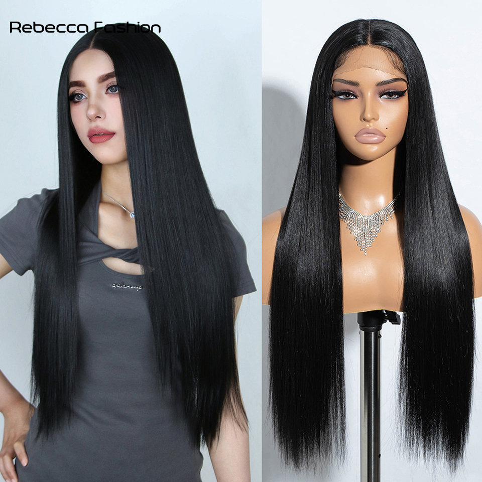 Rebecca Fashion 30 Inch Long Straight Synthetic Lace Wigs For Women Black Brown Ombre Colors For Career Related Functions