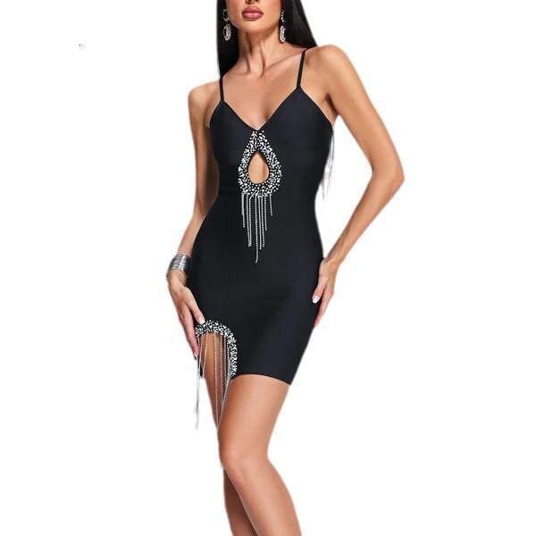 Sheath Dress Sexy Camisole Tassel Nail Drill Deep V Neck Hollowed Out Party Bandage Dress Black Summer Dress