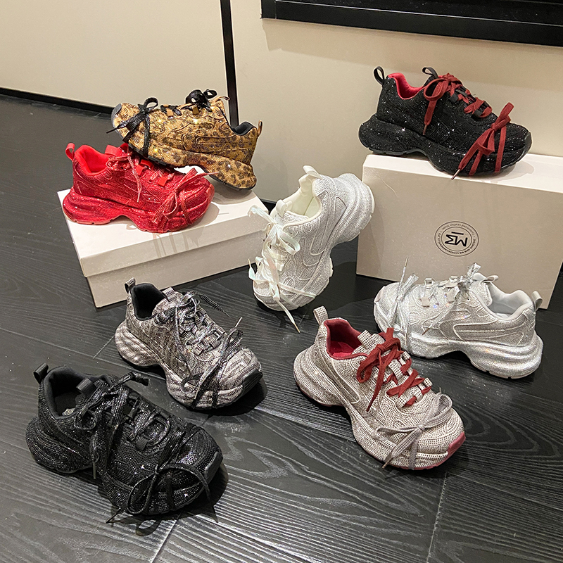 Women Luxury Sneakers Spring Lace-Up High Heel Rhinestone Casual Working Shoes Wearing Night Running Shoes Outside Breathable Height Increased Designe