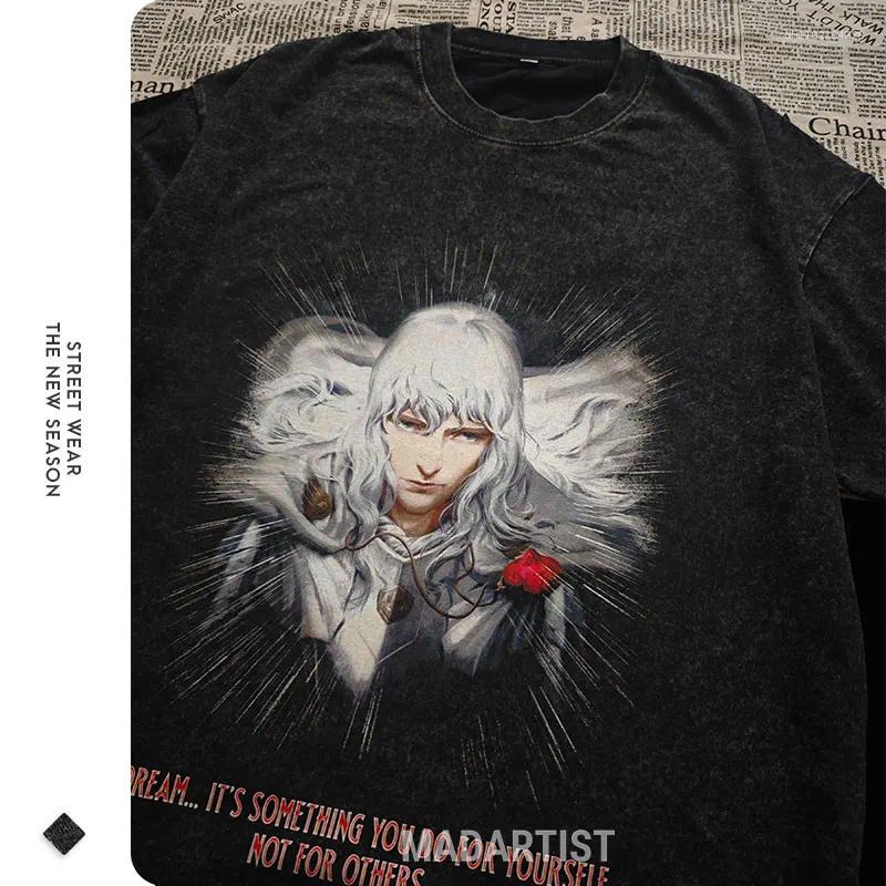 Men's T Shirts Anime Berserk T-shirts Oversized Vintage Washed Griffith Shirt Summer Short Sleeve Retro Manga Guts Kenpuu Denki Tops Tees