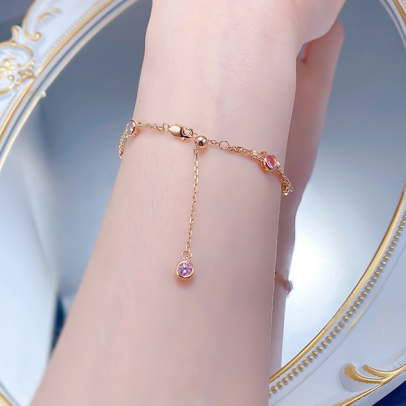 New S925 Sterling Silver Double Layer Rainbow Cubic Zirconia Adjustable Bubble Bracelet, Trendy Multi-Color Zircon Bracelet for Women