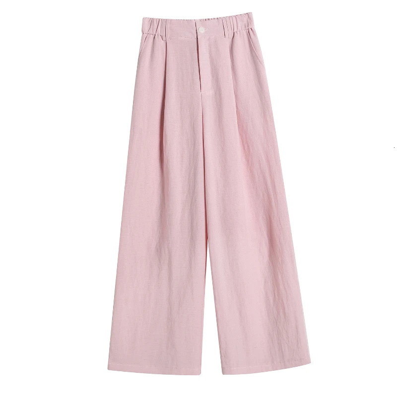 2025 Summer Cotton and Linen Womens Wide Leg Pants Solid Ice Silk High Waist Straight Casual Loose Suit Trousers Female 250517