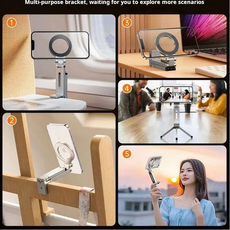 Foldable Magnetic Phone Tripod Holder, 360° Rotating Portable Travel Video Shooting Desk/Plane Train