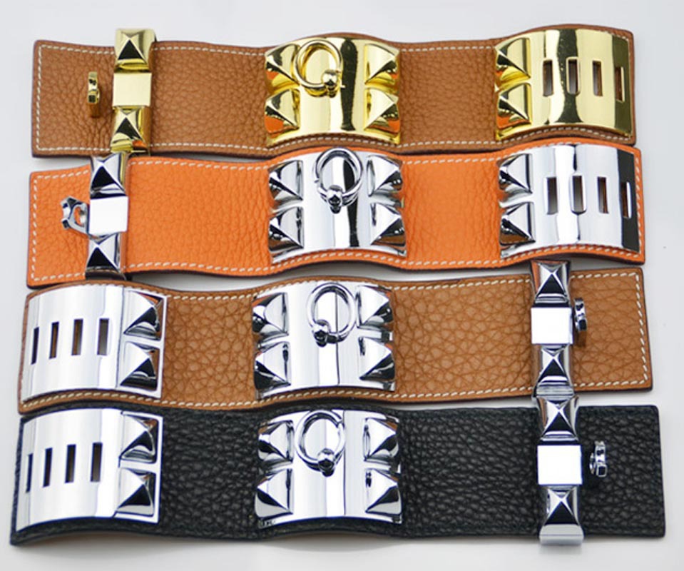 2025 litchi patterned genuine leather bangle bracelet for women mens wide exaggerated punk four rivet designer bracelets bangles jewelry Free shipping