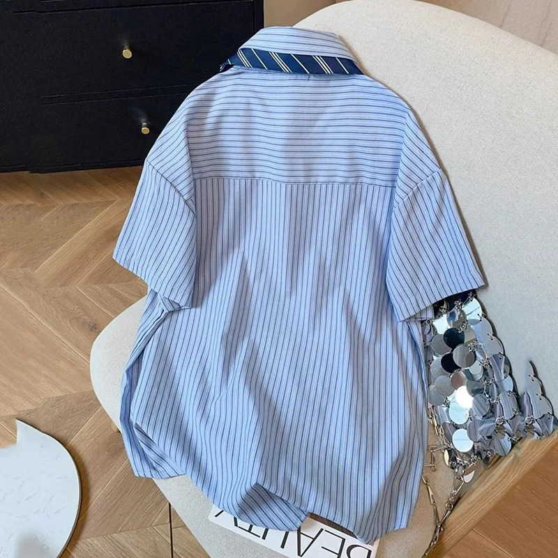 2025 Preppy Style Blue Striped Shirt Summer Short Sleeve Loose Blouse Woman Streetwear Letter Embroidery Shirts Female 250516Z