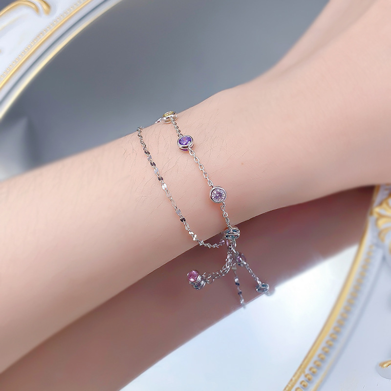 New S925 Sterling Silver Double Layer Rainbow Zircon Adjustable Bubble Bracelet Fashion Jewelry
