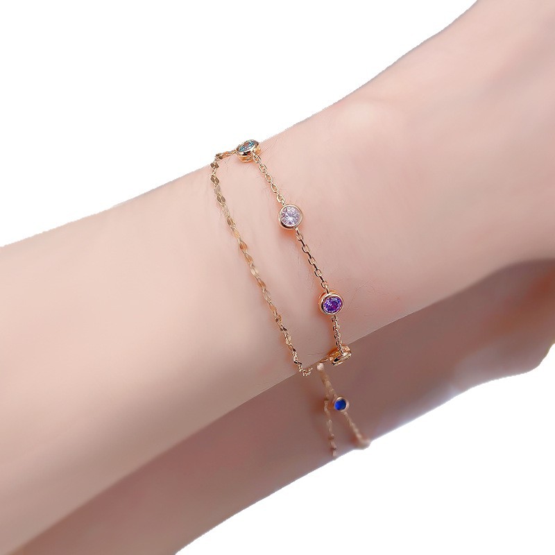 New S925 Sterling Silver Double Layer Rainbow Cubic Zirconia Adjustable Bubble Bracelet, Trendy Multi-Color Zircon Bracelet for Women