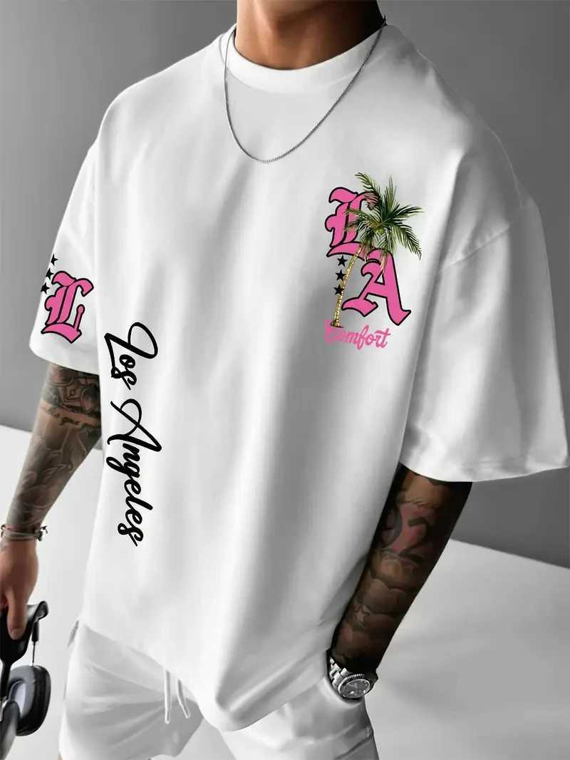 LA Letter Print Casual Graphic T-Shirt Short Sleeve Sports Womens T-shirt Unisex Casual Daily Wear Summer Mens Racing T-shirt J250515M79X