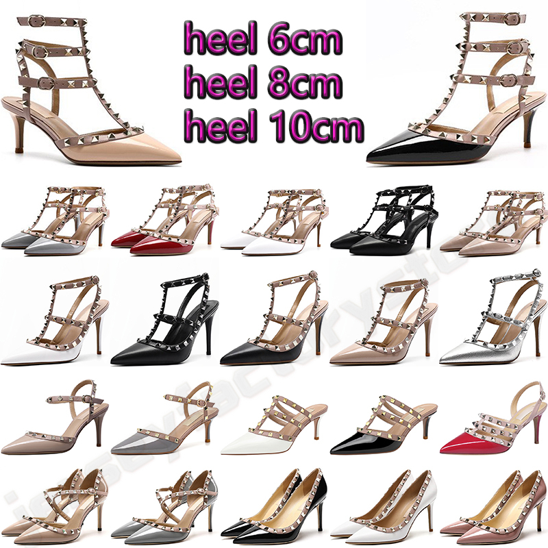 Women Dress Shoes Designer High Heel Sandals Woman Stiletto Block Ladies sexy Heels Wedding Patent Leather Office Ankle Strap Pointed Studs Strip Rivets Black Nude