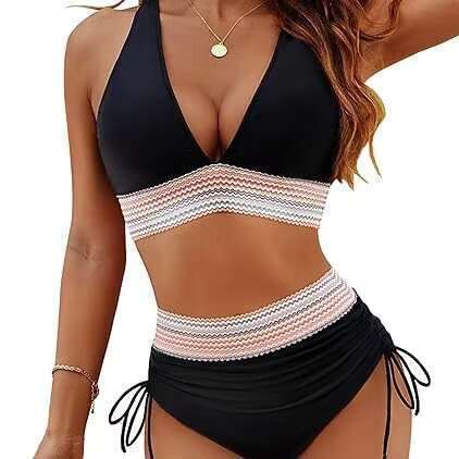 DHEssentials High Waist Tummy Control Swimsuits Color Block Two Piece Drawstring Bathing Suit Fashion Wholesale Bikini Swimwear Women