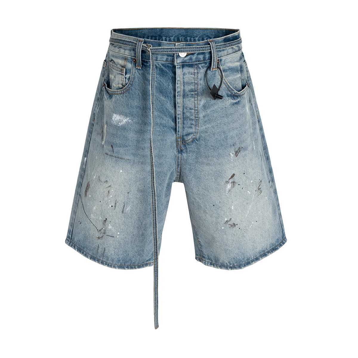 Streetwear New Summer Ink Splashed Hand-painted Denim Shorts Mens Straight Blue Washed Baggy Knee Length Jeans Pants Oversized J250515ZQIW