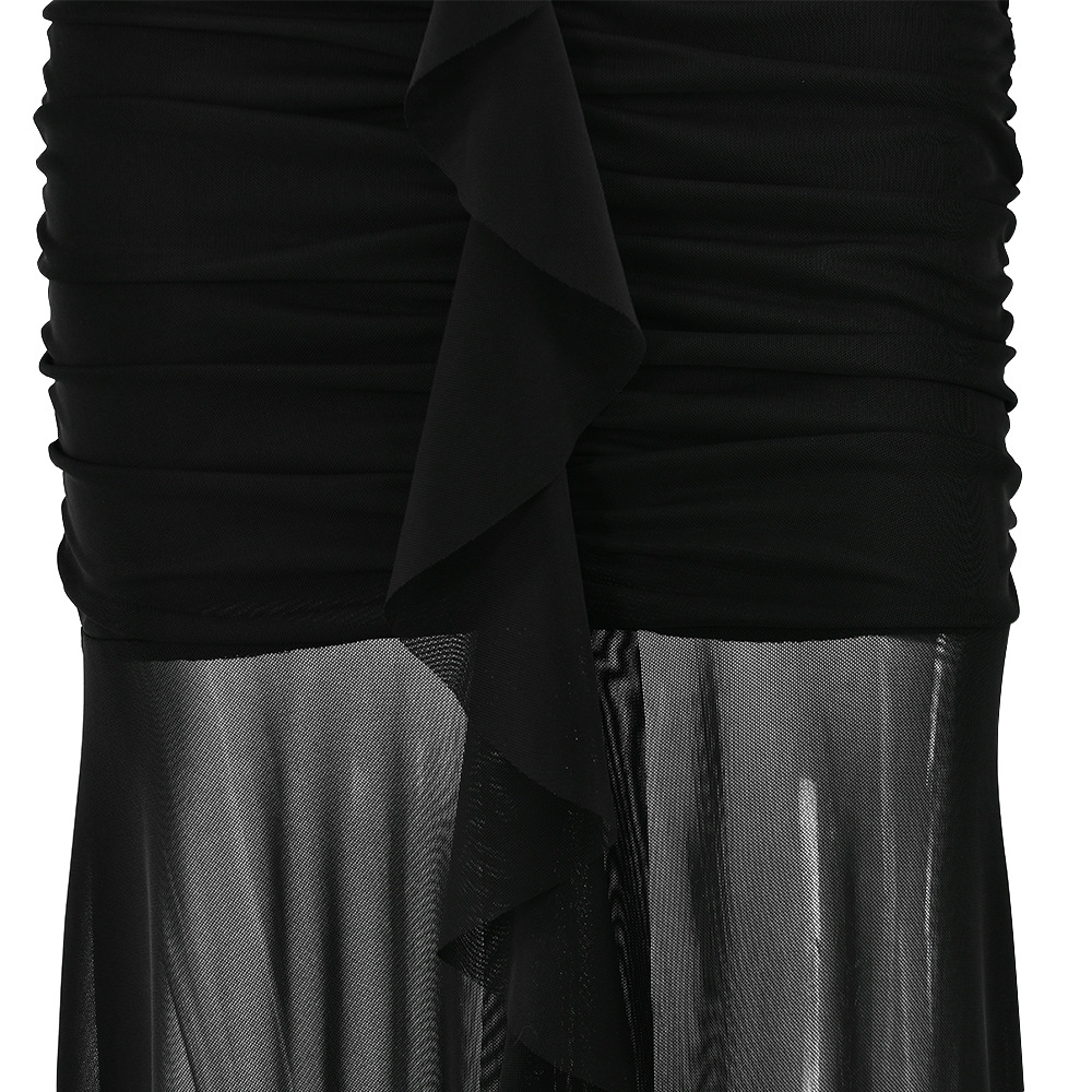 Women Beach Wear Mesh Paneling Sheer Ruffled Pure Desire Temperament Lace Up Low Collar Chest Revealing Same Style as the Blogger
