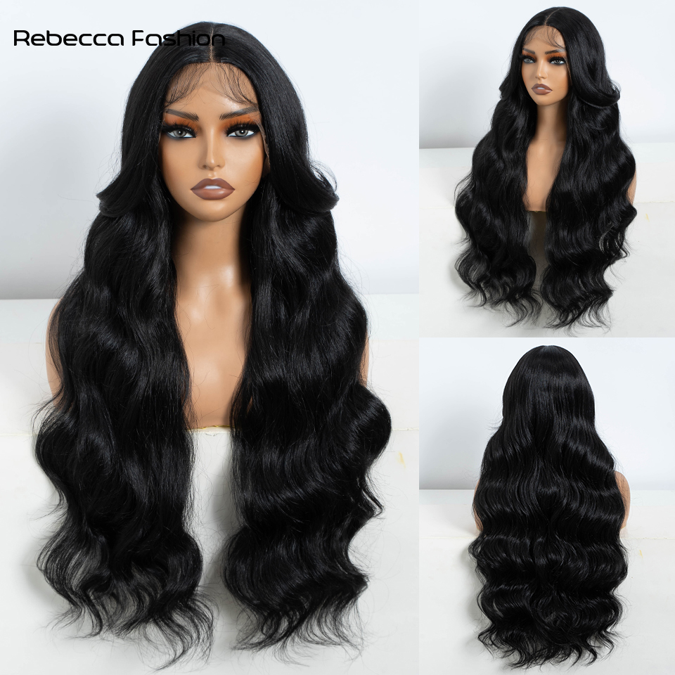 Rebecca Fashion Synthetic Front For Women 30" Long Body Wave Lace Wig Ombre Blonde Highlight Cosplay Wigs Heat Resistant