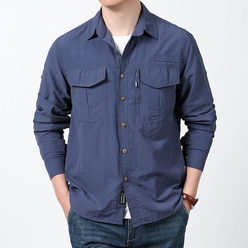 New spring 2025 quick drying long sleeved shirt with multiple pocket sleeves that can be rolled up for functional tactics 241209