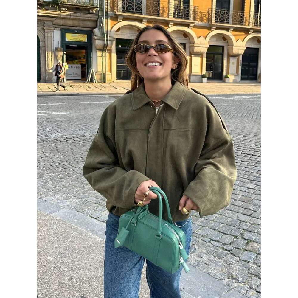 Fashion Suede Zipper Bomber Jacket For Women Vintage Turn Down Collar Long Sleeve Coats Lady New Street Chic Short Outerwear Designer