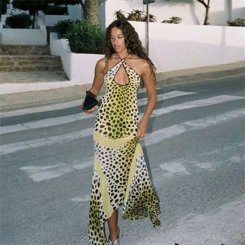 DHEssentials 2025 Women Boutique Digital Print Beachwear Sexy Spaghetti Strap Dresses