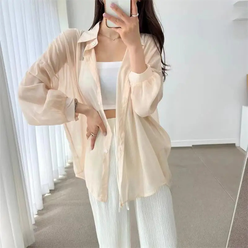 7 Colors Shirt Sheer Thin Chic Summer Simple Solid Sunproof Tops Fashion Baggy Allmatch Basic Korean Style Sexy Clothes 250516Z