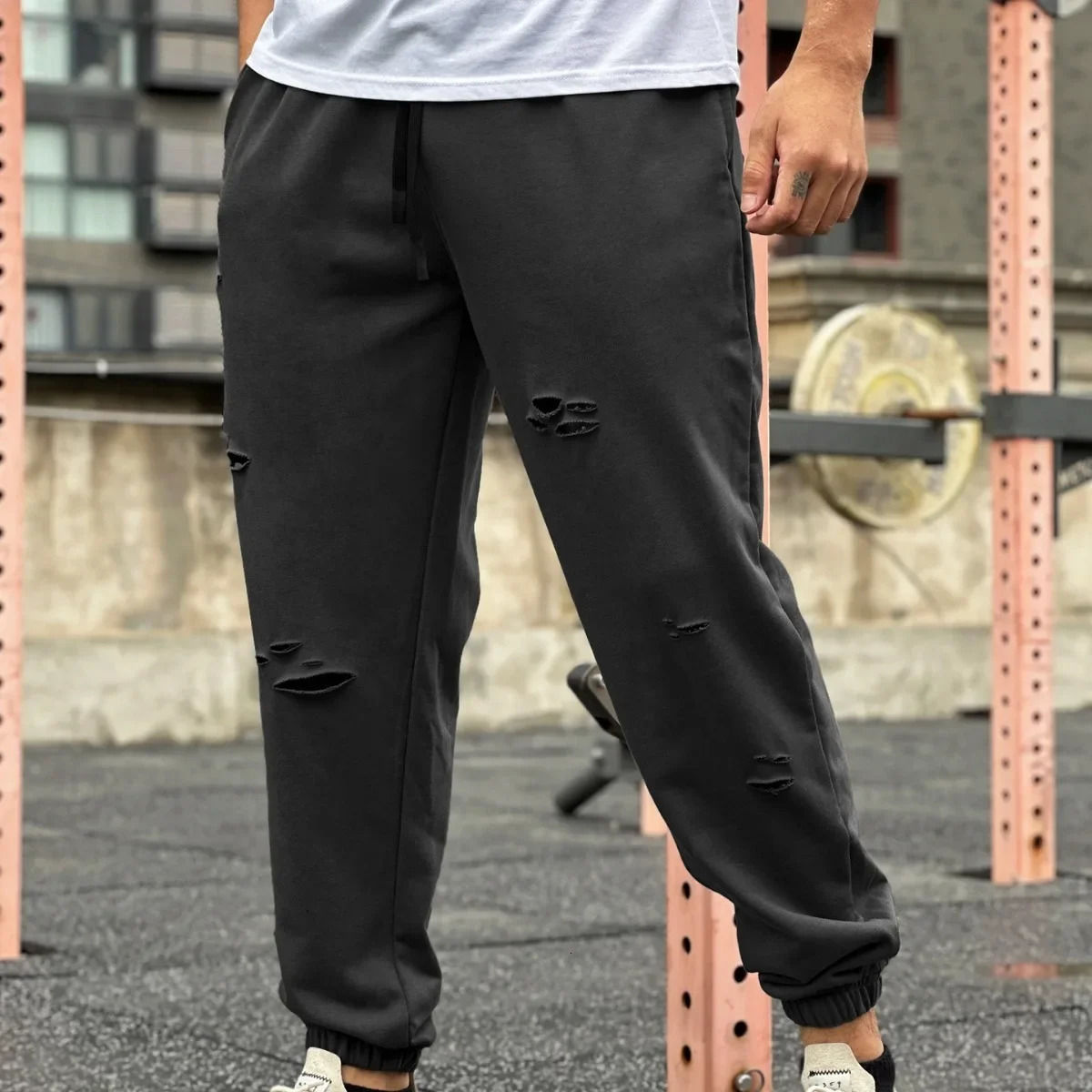 Mens Streetwear Casual Trend Cuffed Pants Jogging Drawstring Sweatpant Ripped Trousers Gym Fitness Sports Bottom Male Costume 250513Z