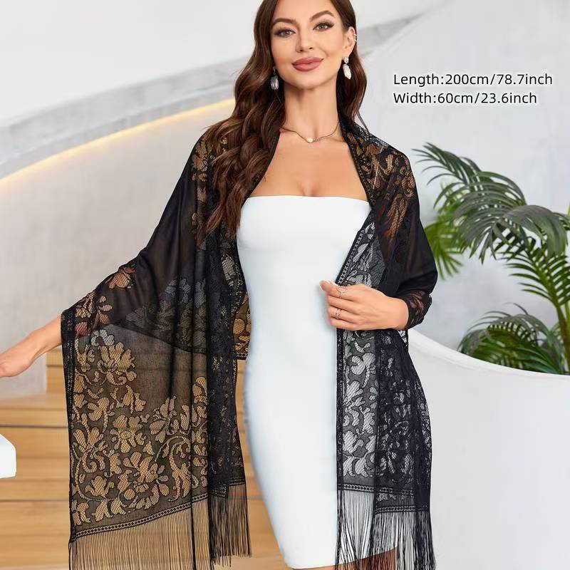 K765 Cross-border new summer Malaysia solid color lace hollow tassel long gauze shawl scarf hijab women