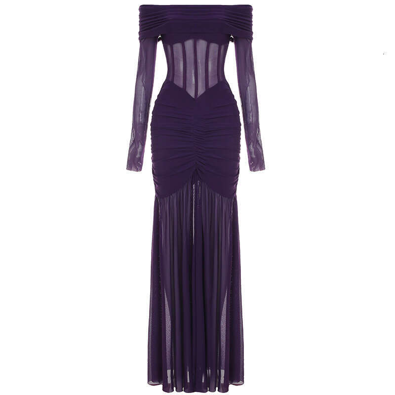 Sheath Dress Evening Sexy One Shoulder Fishbone Waist Mesh Splicing Folded Hip Wrapping Long Sleeve Dress Spring Summer Dress